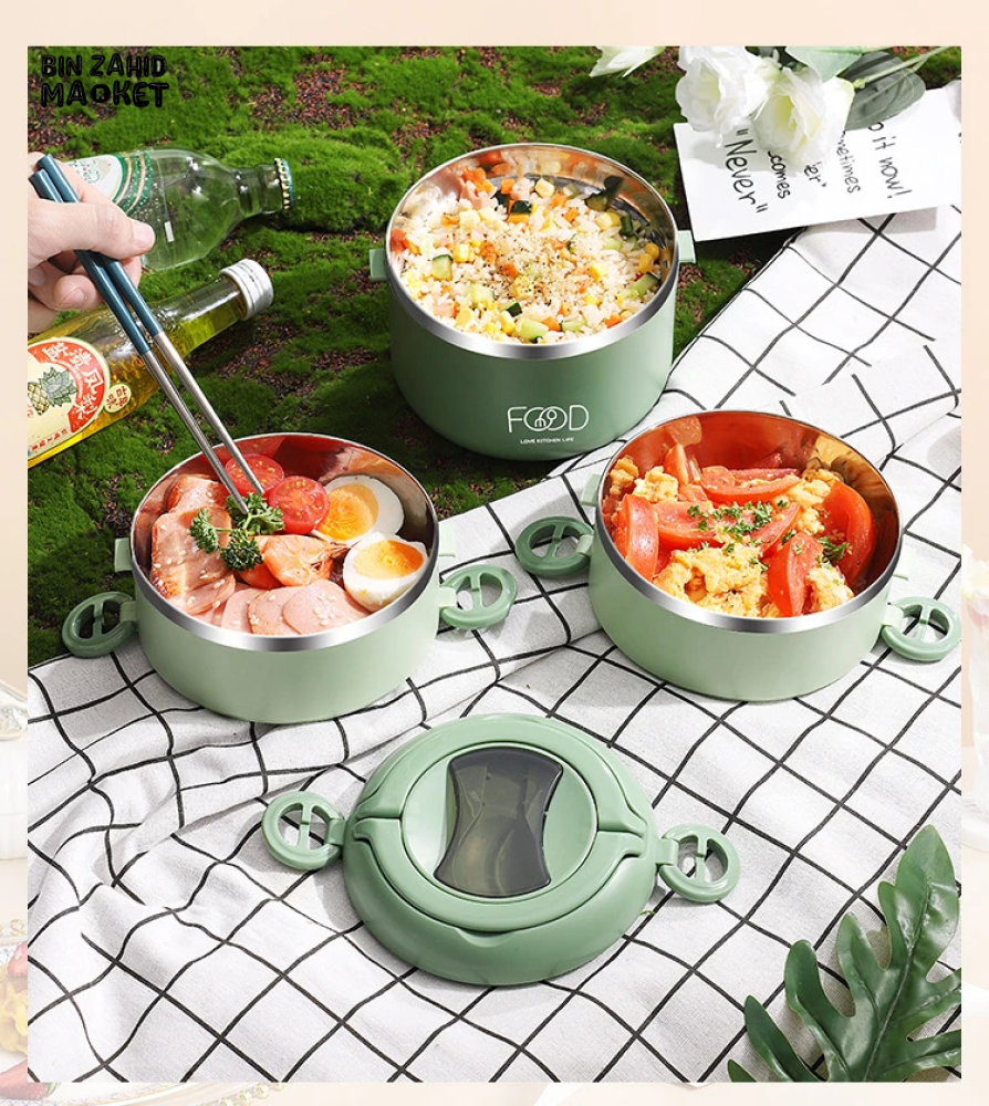 INSULATED STAINLESS STEEL LUNCH BOX – PORTABLE & LEAK-PROOF PERFECT FOR OFFICE SCHOOL & ON-THE-GO MEALS - 3 LAYERS