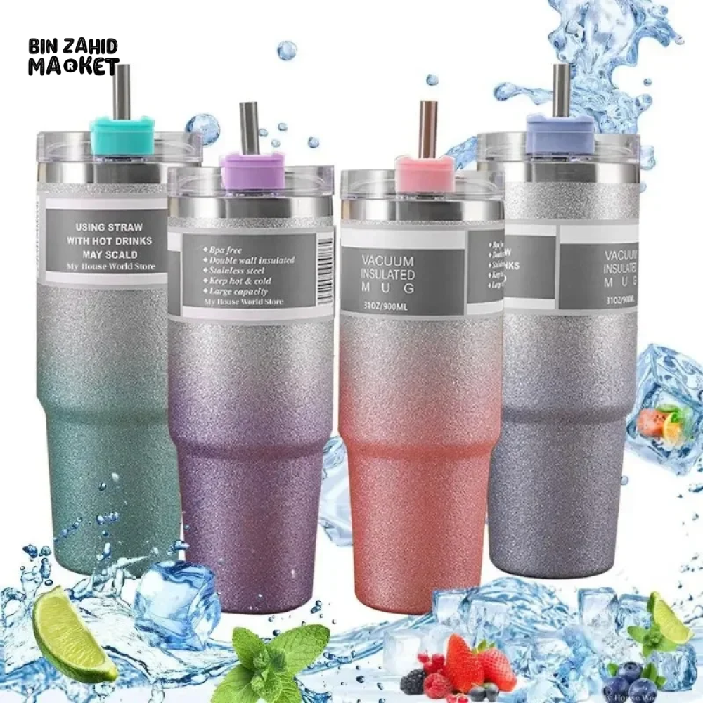 INSULATED STAINLESS STEEL TRAVEL CUP WITH STRAW LEAKPROOF THERMAL MUG & VACUUM COFFEE TUMBLER WITH COVER