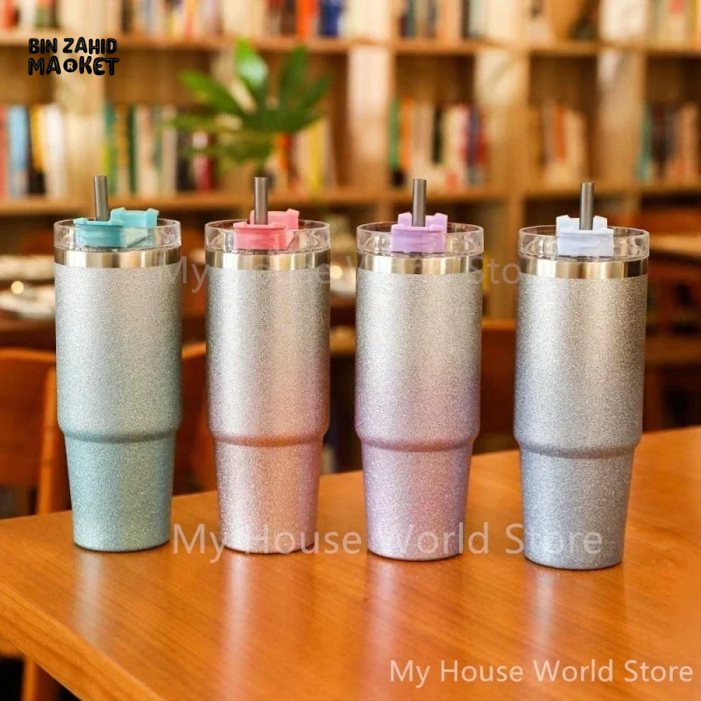 INSULATED STAINLESS STEEL TRAVEL CUP WITH STRAW LEAKPROOF THERMAL MUG & VACUUM COFFEE TUMBLER WITH COVER