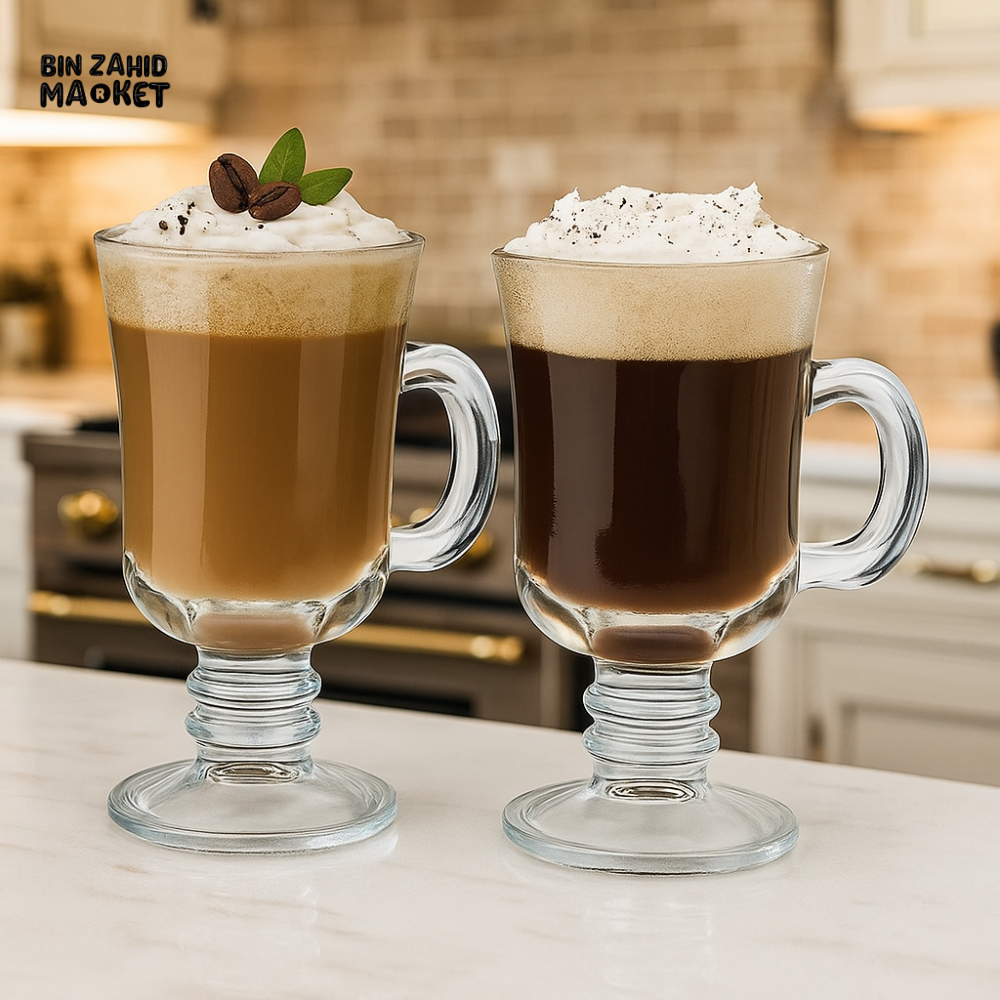 IRISH COFFEE GLASS MUG SET – ELEGANT FOOTED LATTE CUPS WITH HANDLE FOR HOT BEVERAGES – PERFECT FOR LUXURY KITCHEN & DESSERT DRINKS – 4PIECE