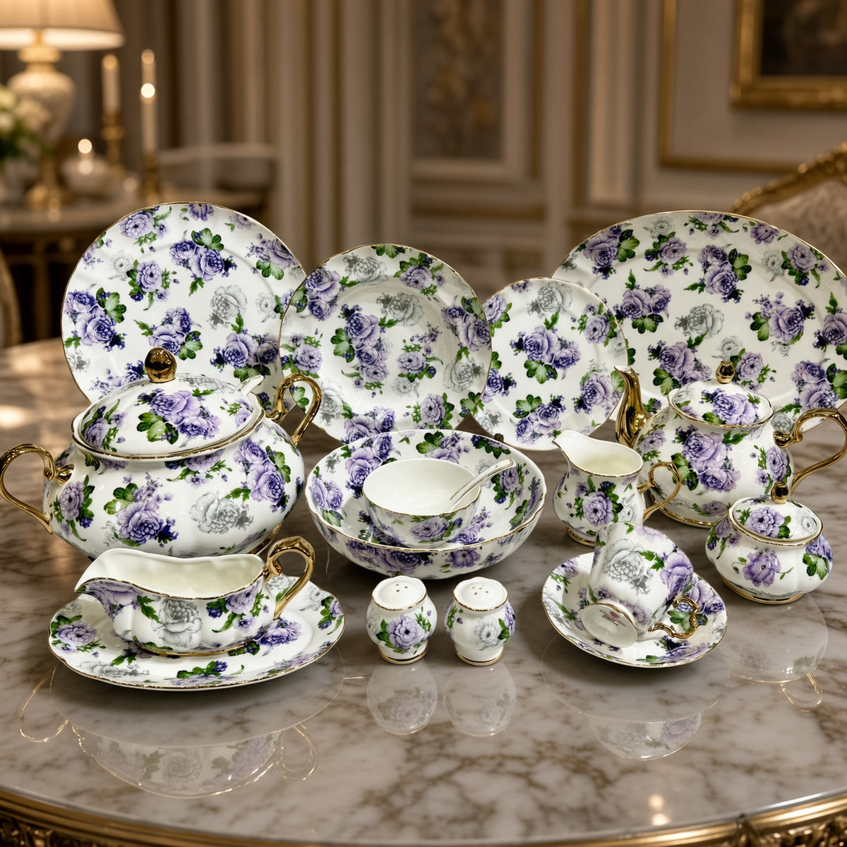 Royal Albert Inspired Purple & Green Floral Patterns With Gold Accents 75 Pieces 8 Persons Serving Bone China Dinner Set