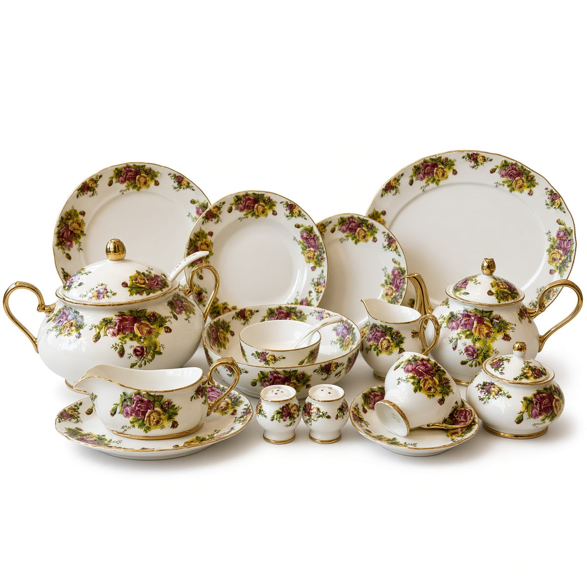 Royal Albert Inspired Blue Floral Patterns Gold Accents 75 Pieces 8 Persons Serving Bone China Dinner Set