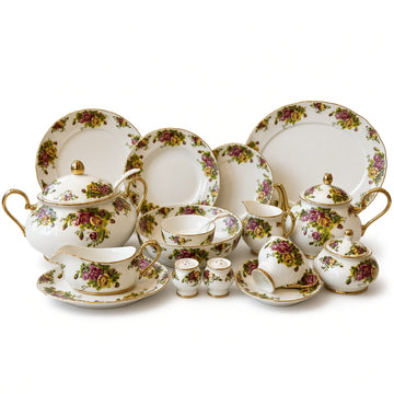 Royal Albert Inspired Blue Floral Patterns Gold Accents 75 Pieces 8 Persons Serving Bone China Dinner Set