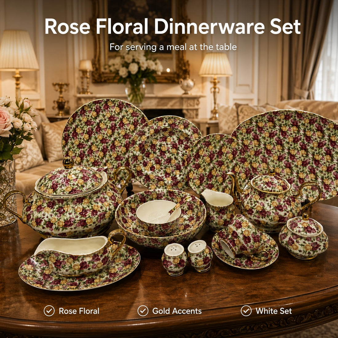 Royal Albert Inspired Rose Floral Patterns 75 Pieces 8 Persons Serving Bone China Dinner Set