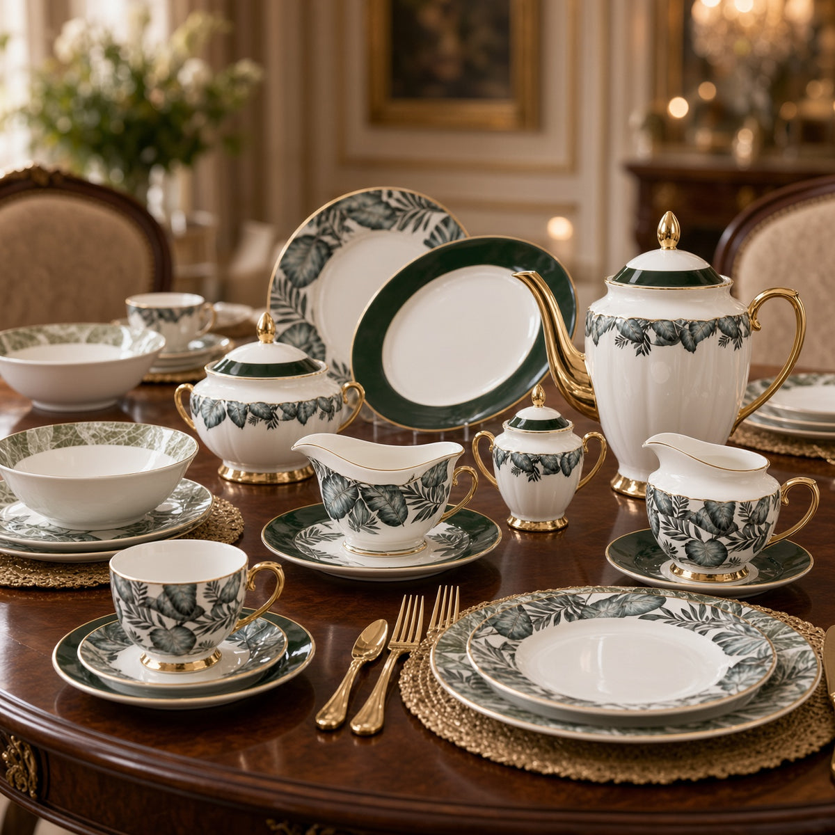 Johnson Bros Inspired Green Leaf Patterns Bone China Dinner Set
