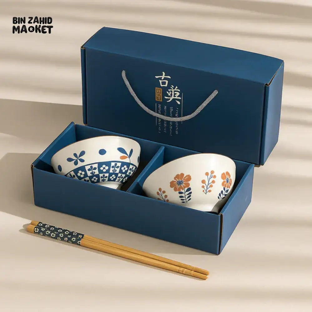 JAPANESE STYLE CERAMIC BOWL SET WITH CHOPSTICKS GIFT BOX PACKAGING - 2 PIECS SET