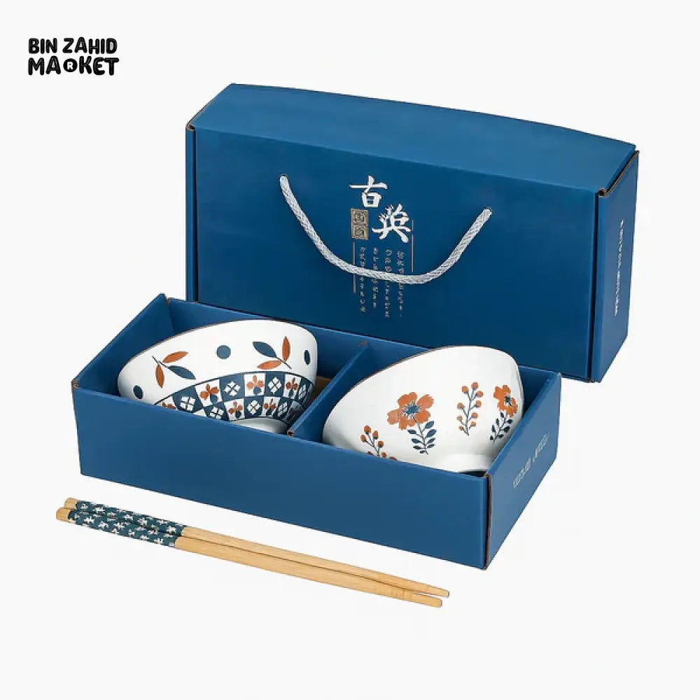 JAPANESE STYLE CERAMIC BOWL SET WITH CHOPSTICKS GIFT BOX PACKAGING - 2 PIECS SET