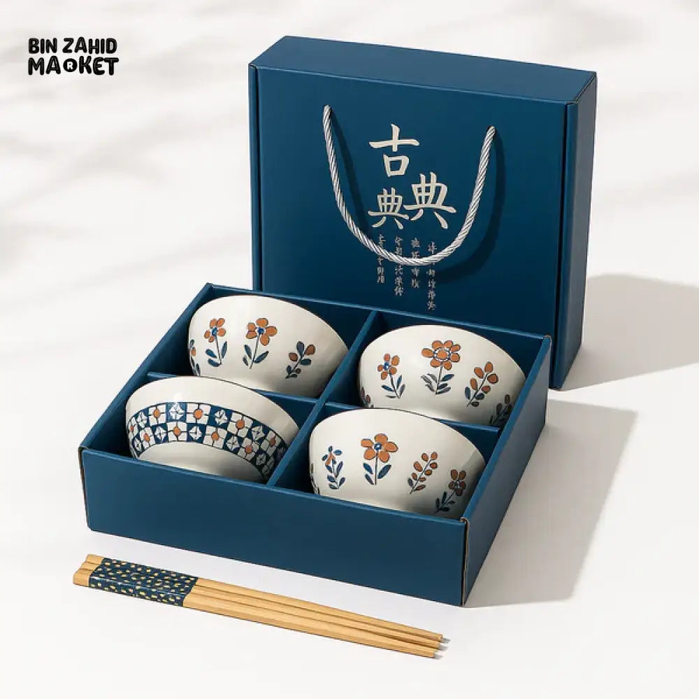 JAPANESE STYLE CERAMIC BOWL SET WITH CHOPSTICKS GIFT BOX PACKAGING - 4 PIECS SET
