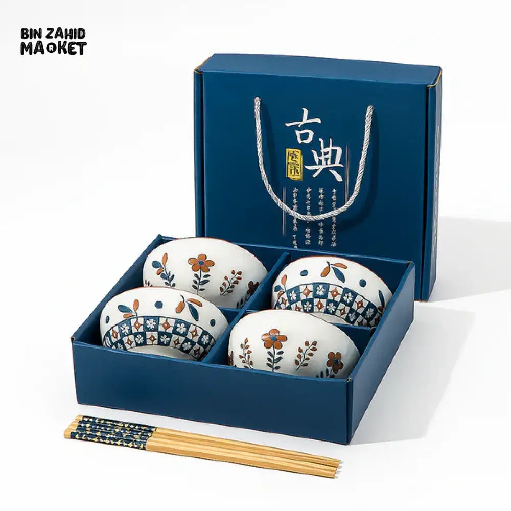 JAPANESE STYLE CERAMIC BOWL SET WITH CHOPSTICKS GIFT BOX PACKAGING - 4 PIECS SET