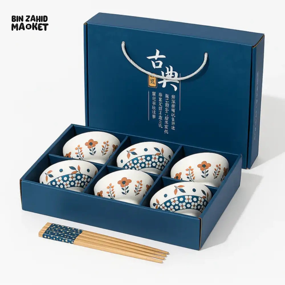 JAPANESE STYLE CERAMIC BOWL SET WITH CHOPSTICKS GIFT BOX PACKAGING - 6 PIECS SET