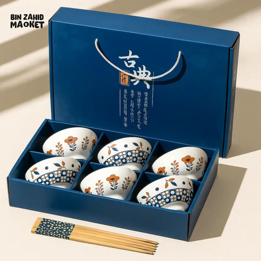 JAPANESE STYLE CERAMIC BOWL SET WITH CHOPSTICKS GIFT BOX PACKAGING - 6 PIECS SET
