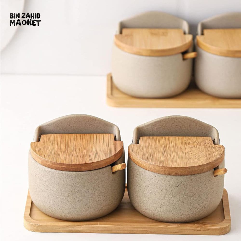 JAPANESE STYLE CERAMIC SPICE JAR SET – 2PIECE WITH WOODEN LIDS, SPOONS & TRAY