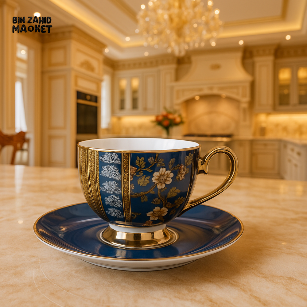 JOHNSON BROTHER 12PIECE ROYAL BLUE FLORAL TEA CUP & SAUCER SET – LUXURY PORCELAIN WITH GOLD ACCENTS