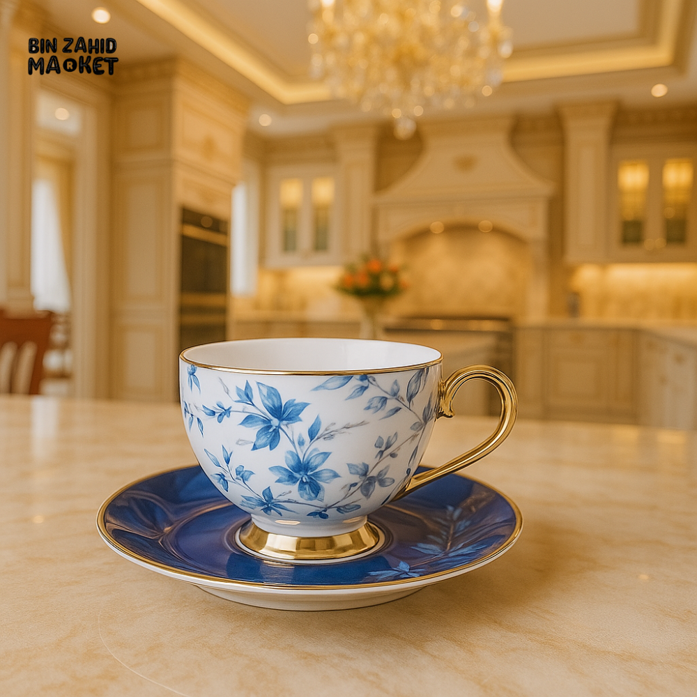 JOHNSON BROTHERS 12PIECE BLUE FLORAL TEA CUP & SAUCER SET – LUXURY PORCELAIN GOLD TRIM TABLEWARE