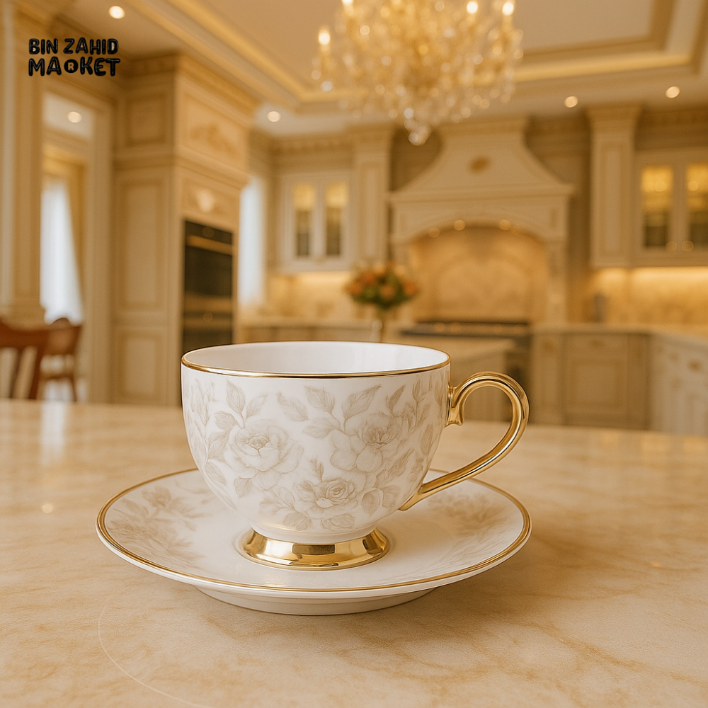 JOHNSON BROTHERS 12PIECES VINTAGE FLORAL TEA CUP & SAUCER SET – PORCELAIN GOLD-RIMMED TABLEWARE