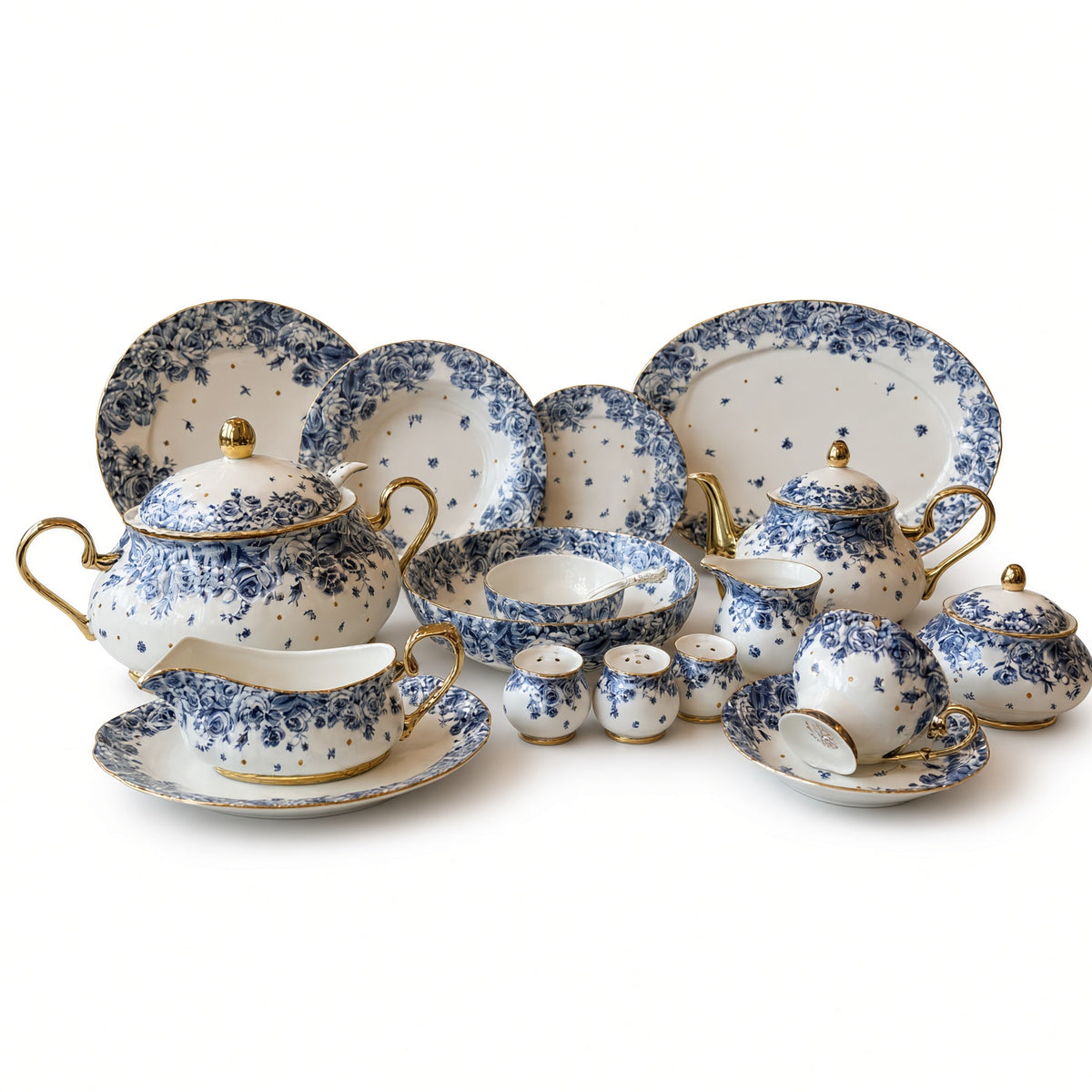 Royal Albert Inspired Blue Floral Patterns & Gold Accents 75 Pieces 8 Serving Person Bone China Dinner Set