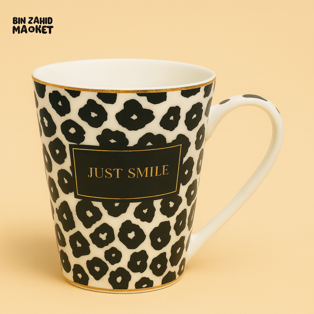 JUST SMILE CERAMIC COFFEE MUG – BLACK LEOPARD PRINT WITH GOLDEN RIM DESIGN