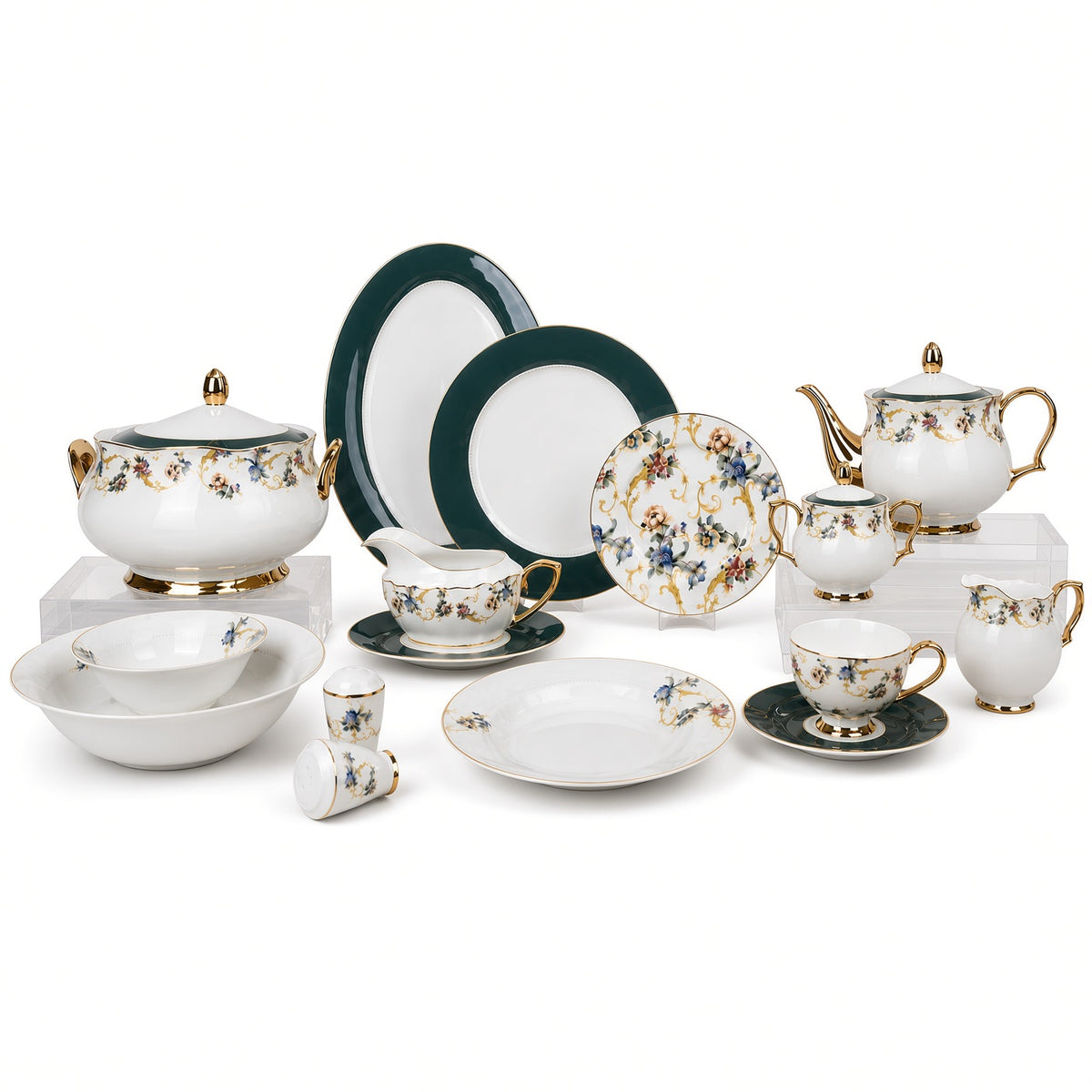 Johnson Bros Inspired Green Multi-Coloured Green Patterns Bone China Dinner Set
