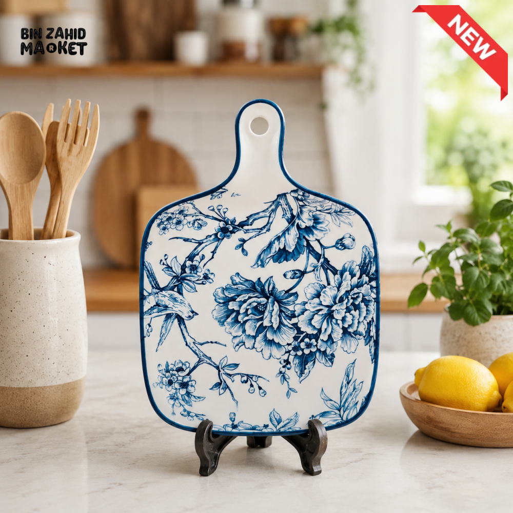 CERAMIC DECORATIVE SERVING BOARD - BLUE FLORAL DESIGN