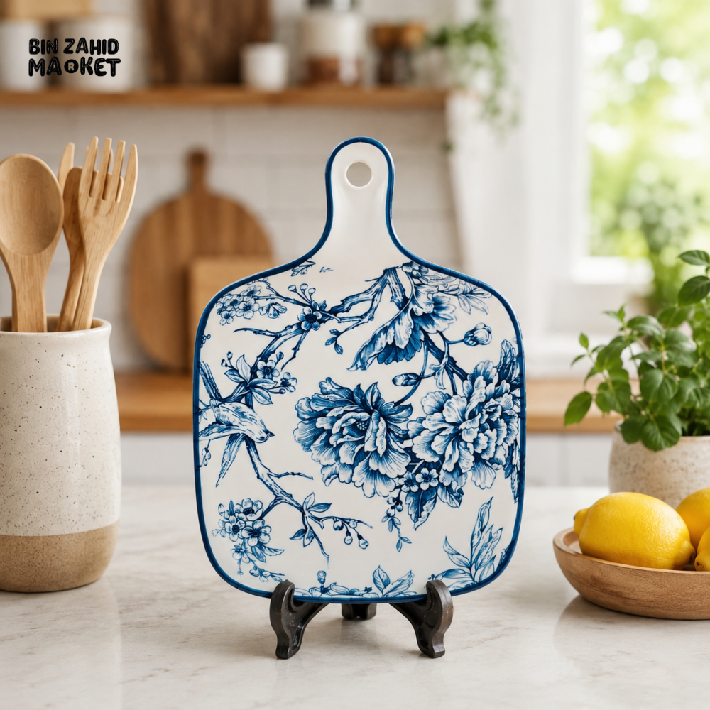 CERAMIC DECORATIVE SERVING BOARD - BLUE FLORAL DESIGN