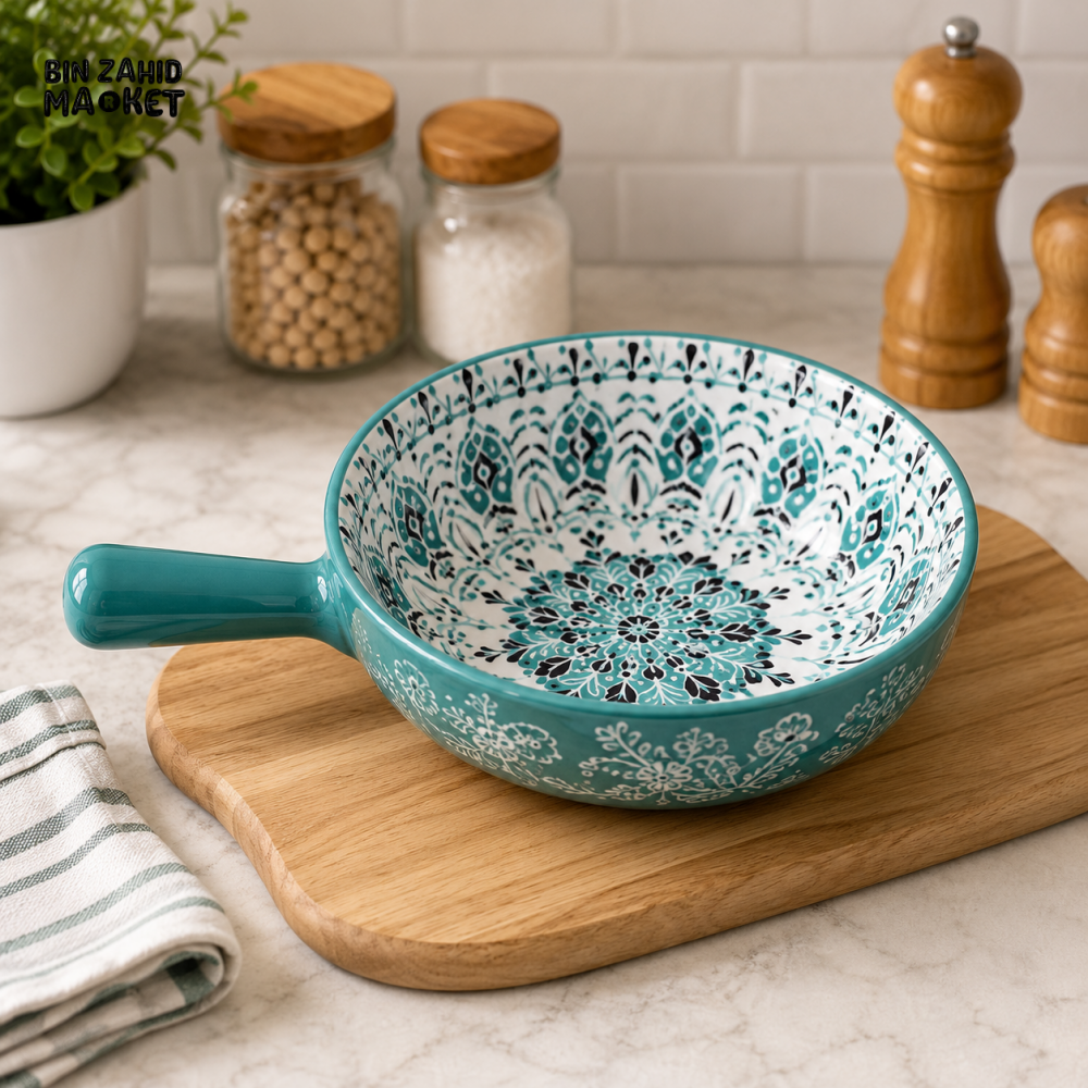 KASHGAR POTTERY CERAMIC HANDLED SERVING BOWL - 6 INCH