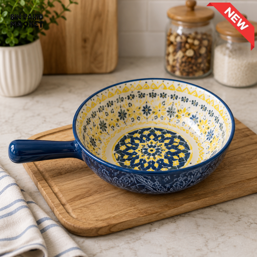 KASHGAR POTTERY CERAMIC HANDLED SERVING BOWL - 8 INCH