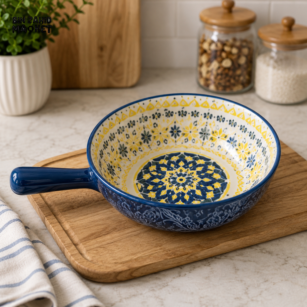 KASHGAR POTTERY CERAMIC HANDLED SERVING BOWL - 8 INCH