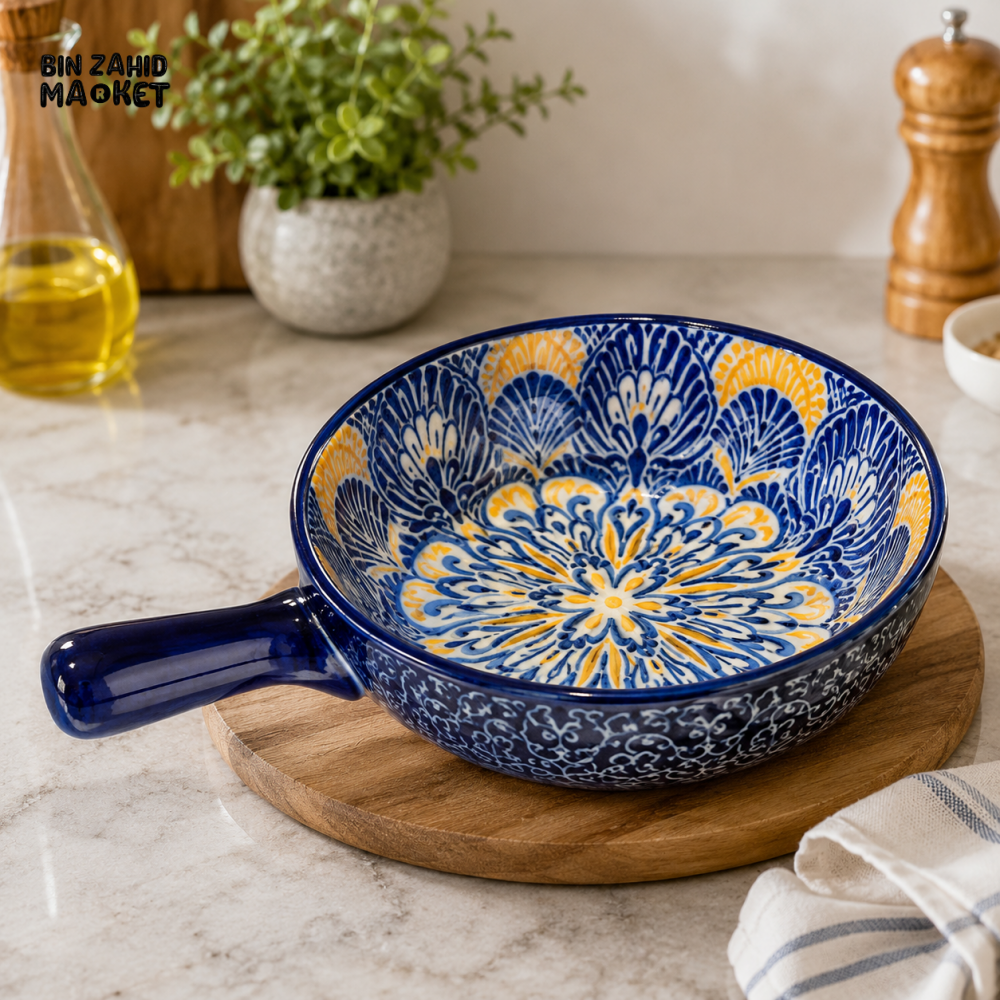 KASHGAR POTTERY CERAMIC HANDLED SERVING BOWL - 8 INCH