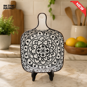 DECORATIVE CERAMIC SERVING BOARD - BLACK & WHITE MANDALA DESIGN