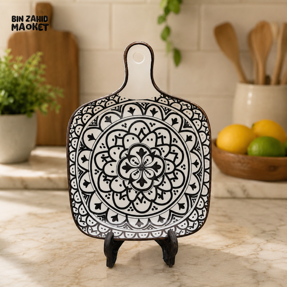 DECORATIVE CERAMIC SERVING BOARD - BLACK & WHITE MANDALA DESIGN
