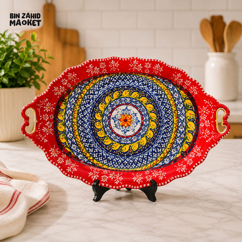 KASHGAR POTTERY OVAL CERAMIC SERVING PLATTER WITH HANDLES