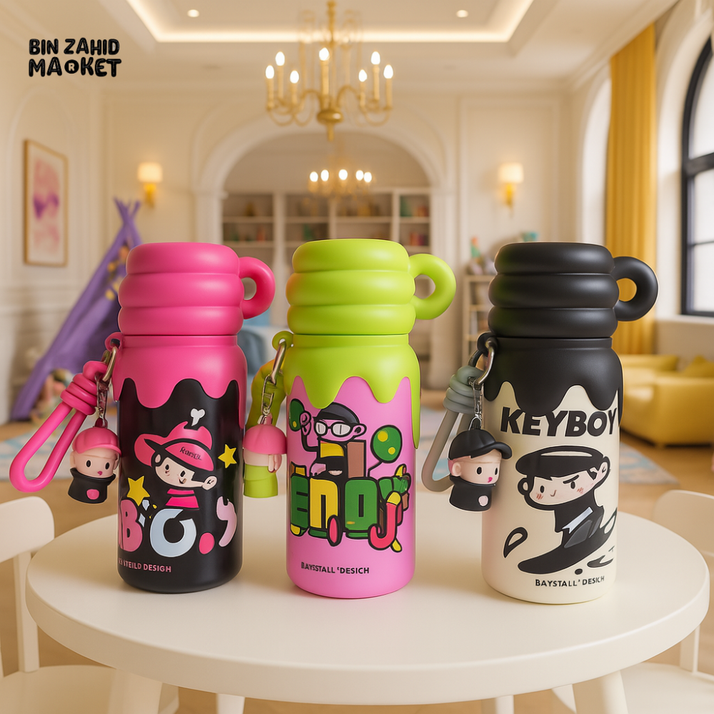 Keyboy Cartoon Water Bottle Set – Kids Portable Sippy Bottles with Handle & Strap – Colorful Baysball Design for School & Outdoor Use