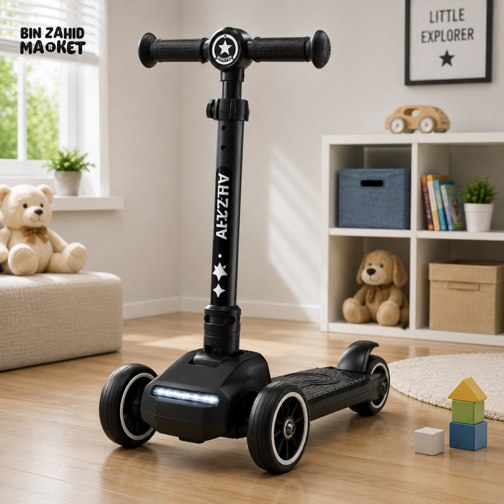 KIDS 3-WHEEL LED FOLDABLE SCOOTER WITH ADJUSTABLE HANDLE - BLACK