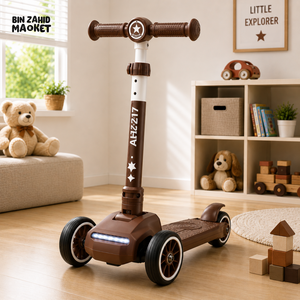 KIDS 3-WHEEL LED FOLDABLE SCOOTER WITH ADJUSTABLE HANDLE - BROWN