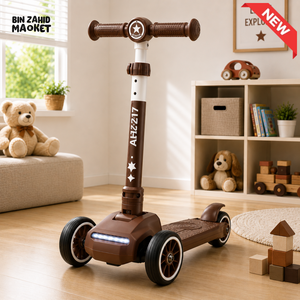 KIDS 3-WHEEL LED FOLDABLE SCOOTER WITH ADJUSTABLE HANDLE - BROWN