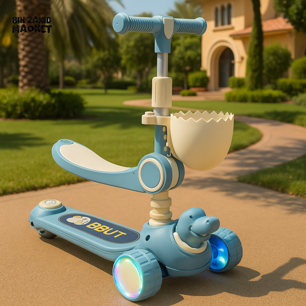 KIDS 3-WHEEL SCOOTER WITH SEAT & STORAGE - BLUE HIPPO DESIGN RIDE-ON FOR TODDLERS OUTDOOR PLAY (Copy)