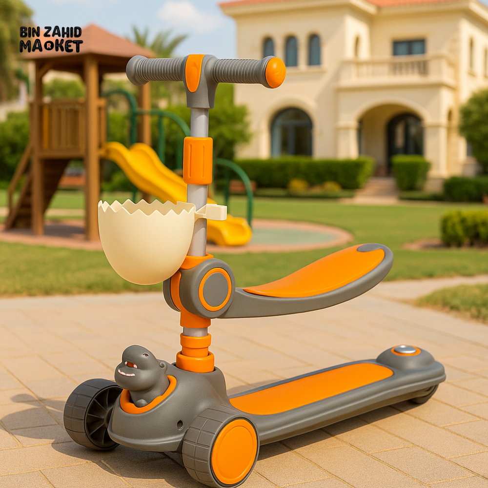 KIDS 3-WHEEL SCOOTER WITH SEAT & STORAGE - ORANGE GRAY HIPPO DESIGN RIDE-ON FOR TODDLERS OUTDOOR PLAY