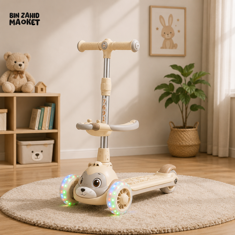 KIDS BALANCE SCOOTER WITH SEAT AND FLASH WHEELS - BEIGE