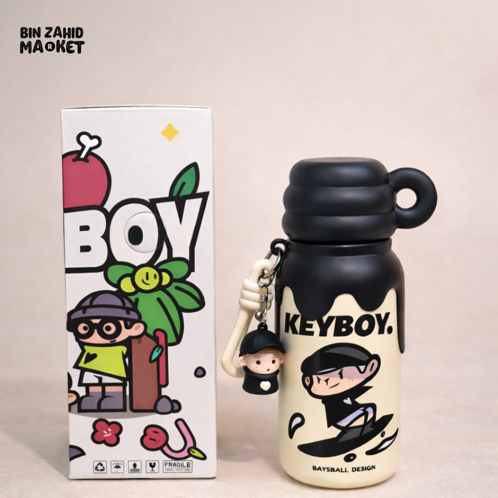 KIDS CARTOON BOY WATER BOTTLE WITH KEYCHAIN & STRAP - CREAM