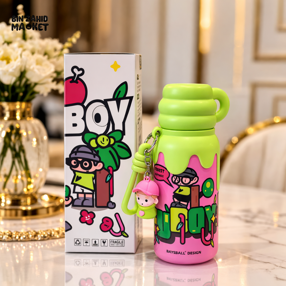 KIDS CARTOON BOY WATER BOTTLE WITH KEYCHAIN & STRAP - PINK