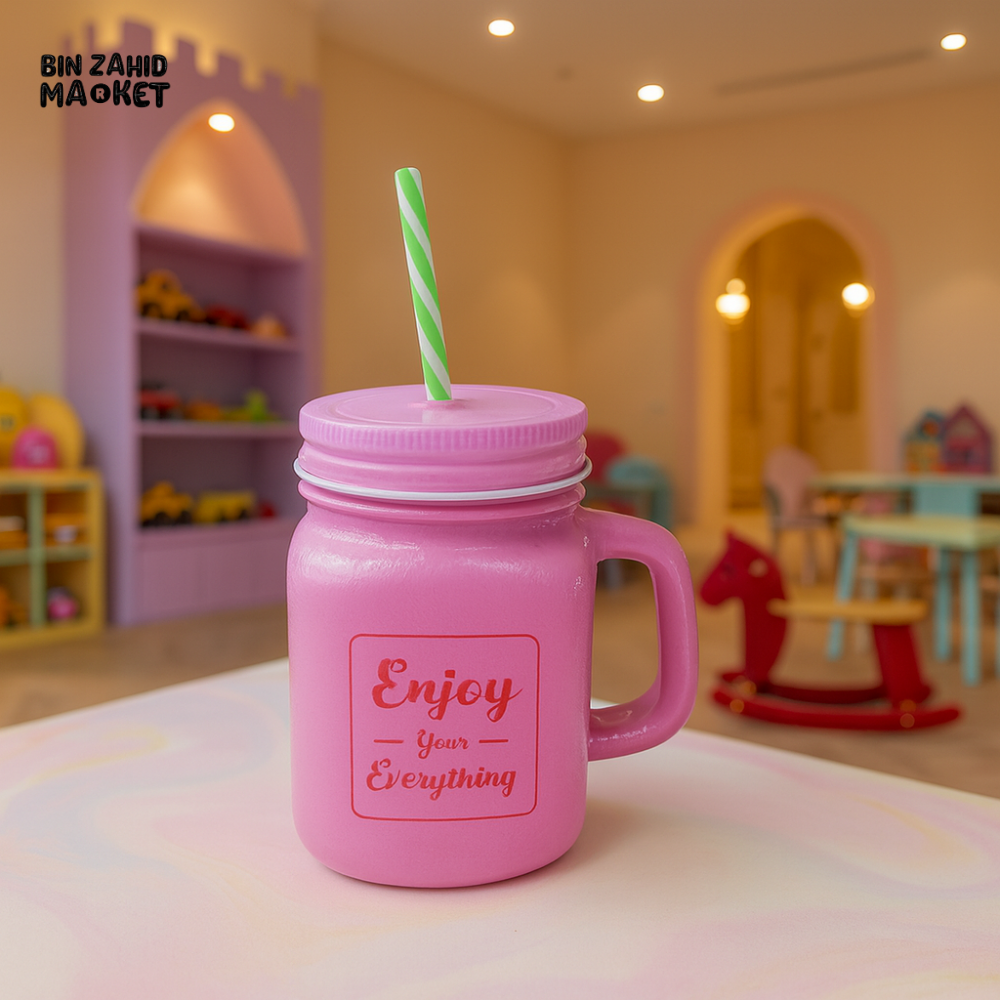 KIDS LUXURY PINK MASON JAR CUP WITH STRAW LX 004