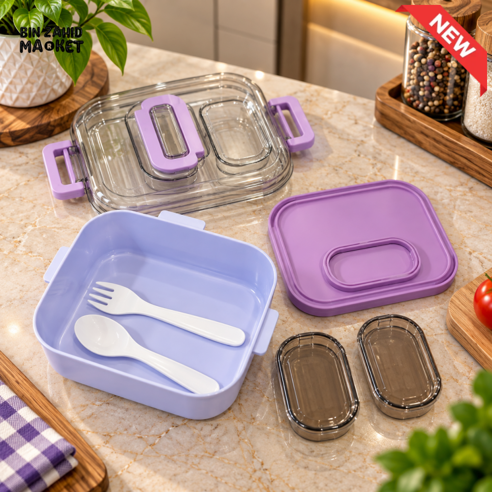 KIDS MULTI-COMPARTMENT LUNCH BOX SET WITH SPOON FORK & SAUCE CONTAINERS