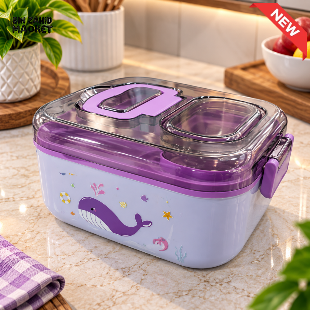 KIDS MULTI-COMPARTMENT LUNCH BOX SET WITH SPOON FORK & SAUCE CONTAINERS
