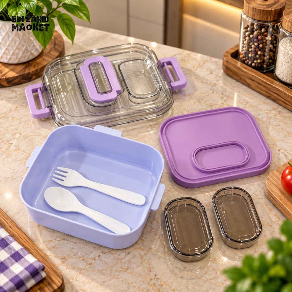 KIDS MULTI-COMPARTMENT LUNCH BOX SET WITH SPOON FORK & SAUCE CONTAINERS