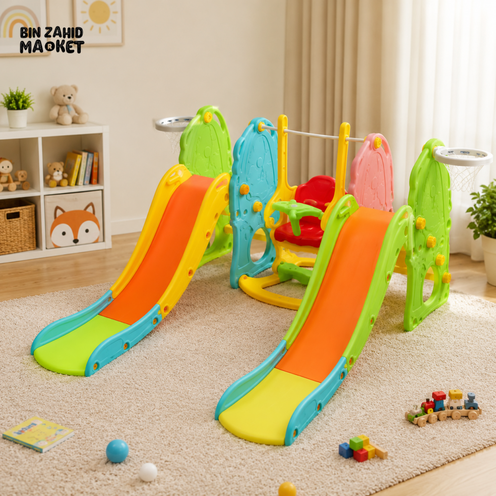 KIDS MULTIFUNCTIONAL SLIDE WITH SWING AND BASKETBALL HOOP