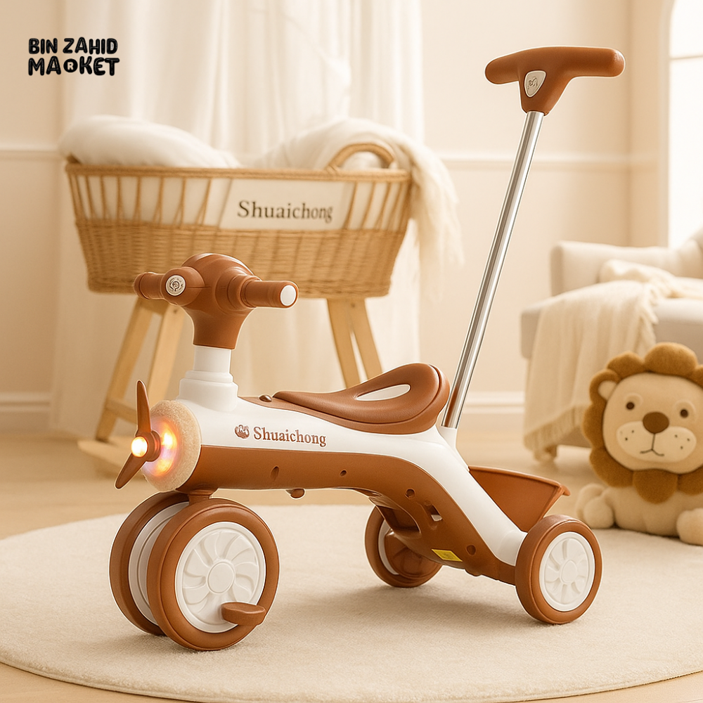 KIDS RIDE-ON TRICYCLE WITH MUSIC & PUSH HANDLE – LUXURY INDOOR PLAYROOM EDITION - BROWN