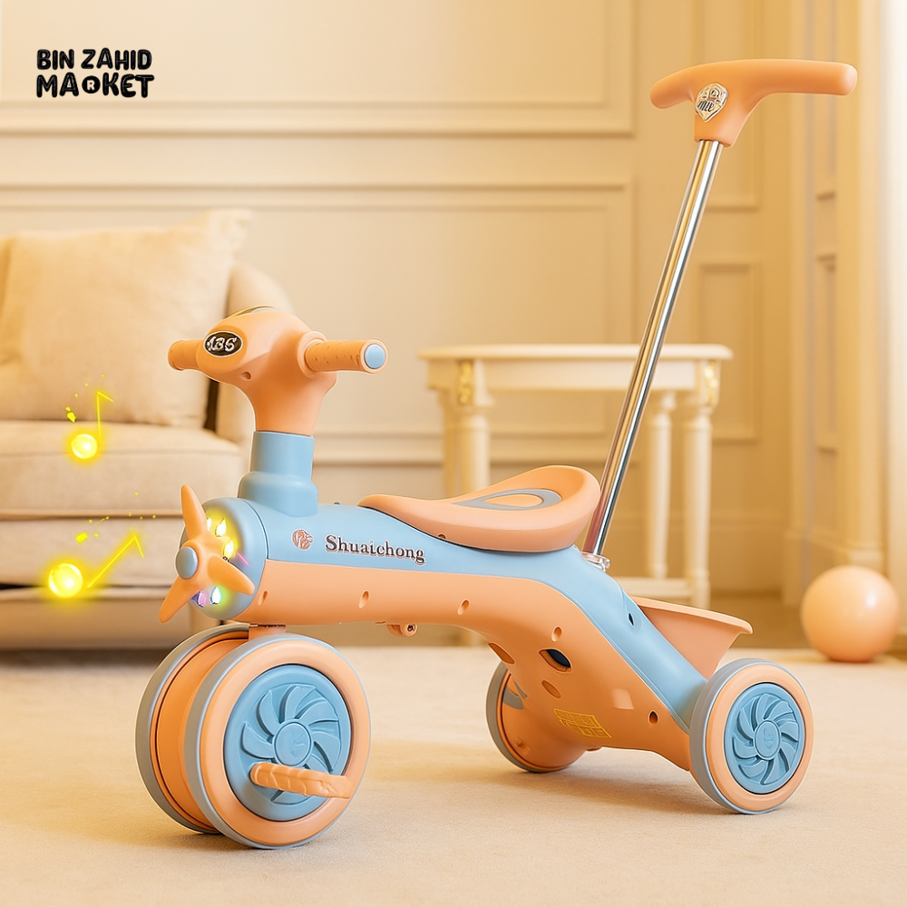 KIDS RIDE-ON TRICYCLE WITH MUSIC & PUSH HANDLE – LUXURY INDOOR PLAYROOM EDITION - HONEY ORANGE