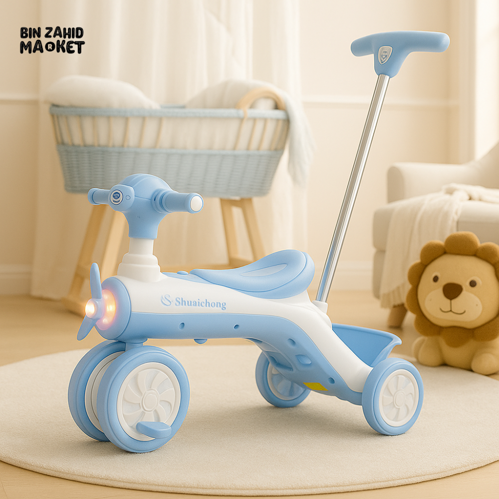 KIDS RIDE-ON TRICYCLE WITH MUSIC & PUSH HANDLE – LUXURY INDOOR PLAYROOM EDITION - SKY BLUE