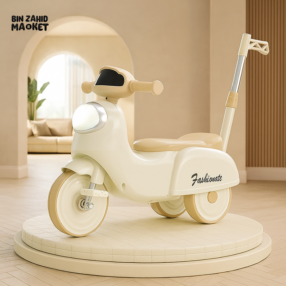 KIDS SCOOTER RIDE-ON TOY PUSH HANDLE & LED HEADLIGHT - BEIGE