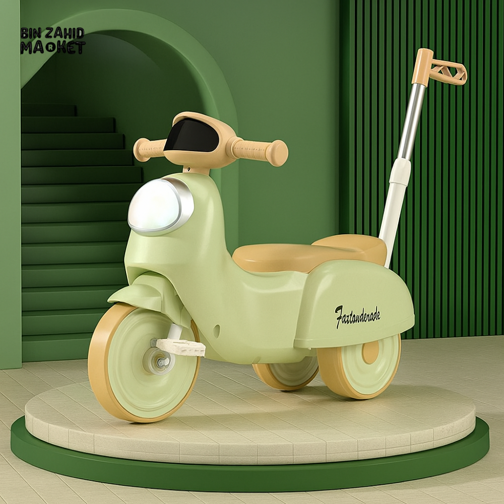 KIDS SCOOTER RIDE-ON TOY PUSH HANDLE & LED HEADLIGHT - PASTEL GREEN